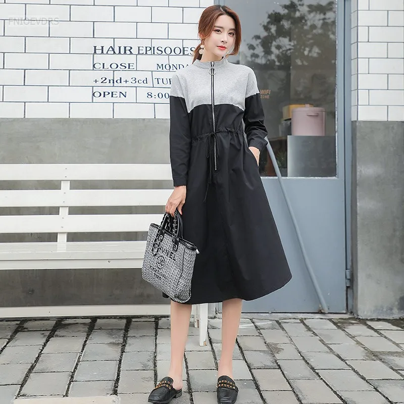 Najtaniej Jesień zima Cardigan projekt sukienki kobiety moda z długim rękawem elegancki powrót Patchwork Casual długi zamek błyskawiczny sukienka z golfem 9511