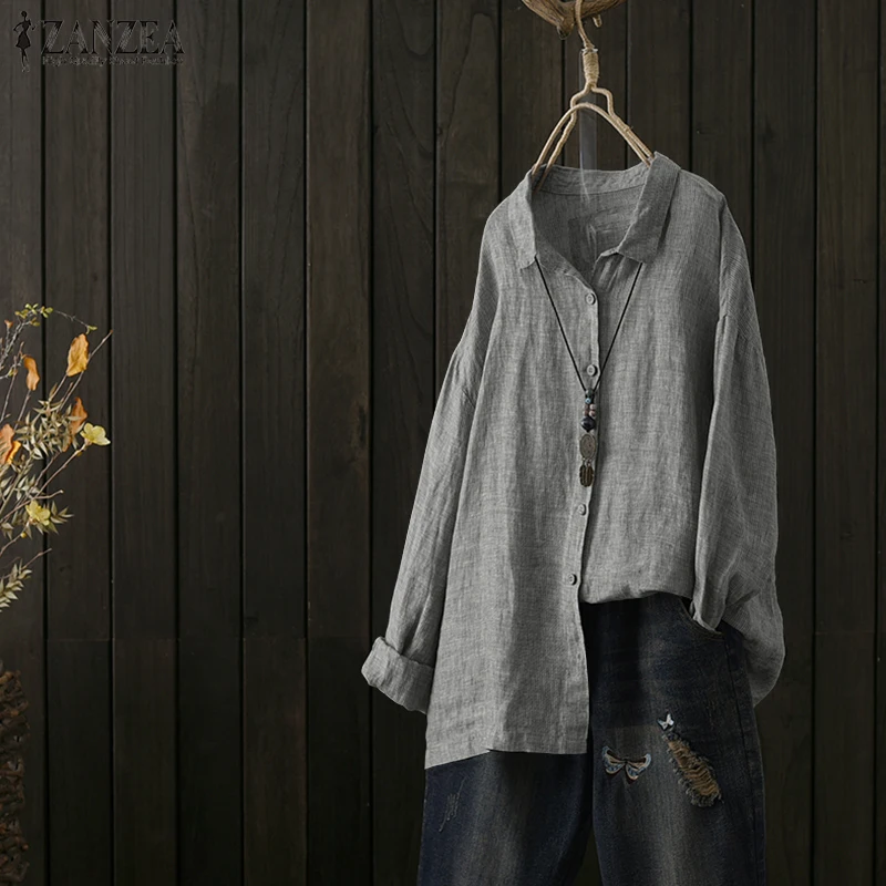 ZANZEA, осенняя блузка с отложным воротником и длинным рукавом, повседневная женская рубашка в полоску, женские вечерние кардиганы, Свободный Топ, блуза размера плюс - Цвет: Серый