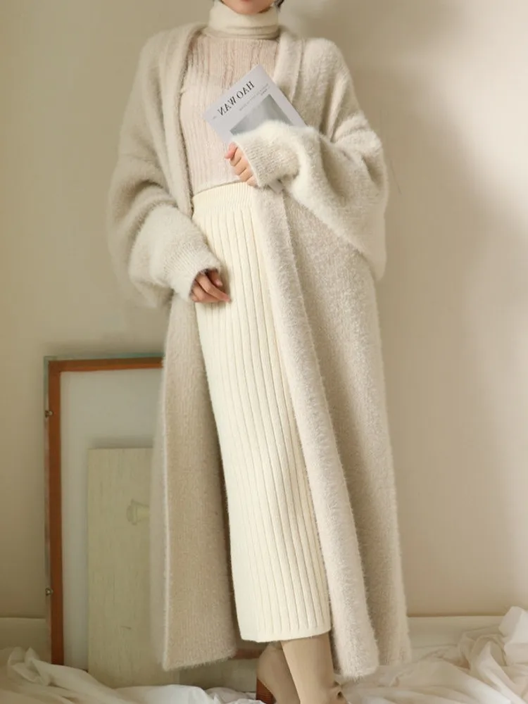 Натуральный норковый кашемировый свитер женский кашемировый кардиган вязаный норковый жакет Зимний длинный шуба - Цвет: Бежевый