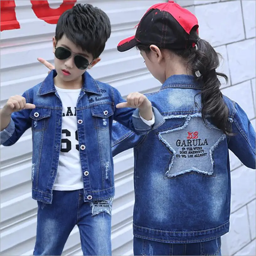

2018 New Children Spring/Autumn Set Boy/Girl Fashion Letter Embroidered Denim Jacket Jeans Suit Kids Baby Casual Set Clothes