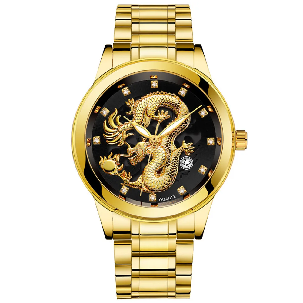 OTOKY Роскошные модные водонепроницаемые светящиеся мужские золотые скульптуры дракона кварцевые часы Роскошные мужские стальные часы кожаные спортивные качественные