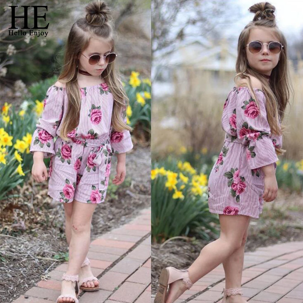 

HE Hello Enjoy Toddler Clothes Girls Fashion Little Girls Rose Floral Print Bow Jumpsuit Overalls Kids Costume 1-5Y Summer 2019