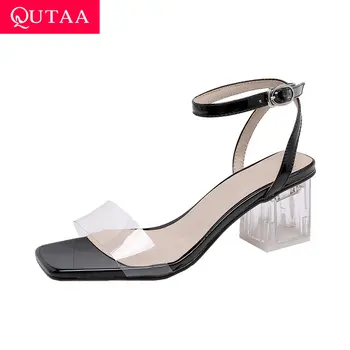 

QUTAA 2019 Women Sandals Transparent PVC Patent Leather Square Heel Mixed Color Square Open-toed Buckle Ladies Shoes Size 34-43