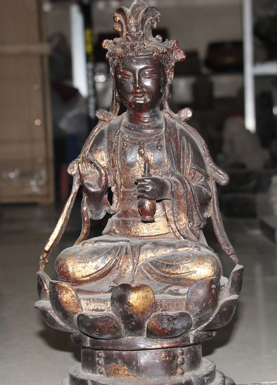 13" Tibet Purple Bronze Kwan yin Guanyin Guan Yin Quanyin Lotus Vase