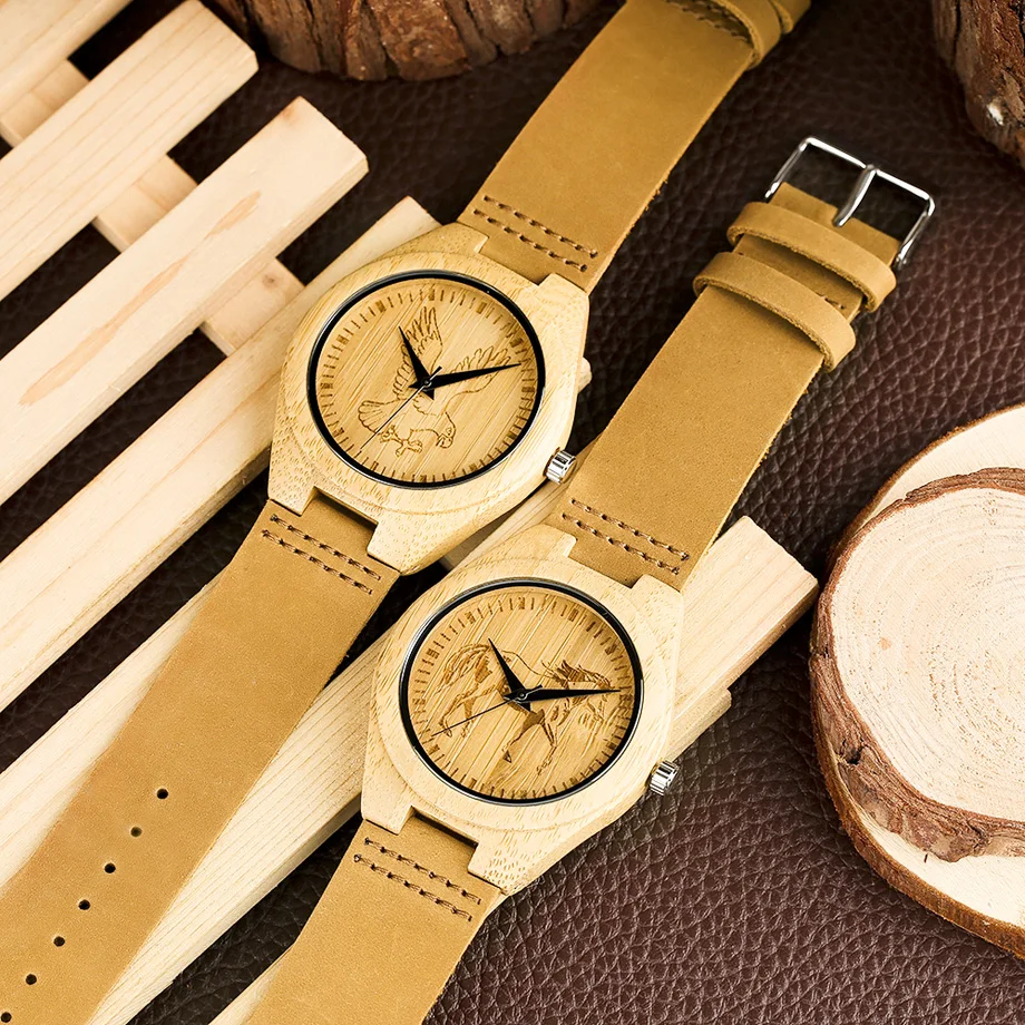 Men's Creative Watches Natural Hanmade Flying Eagle Running Horse Unique Wooden Bamboo Watch Male Genuine Leathe Pin Buckle      (24)