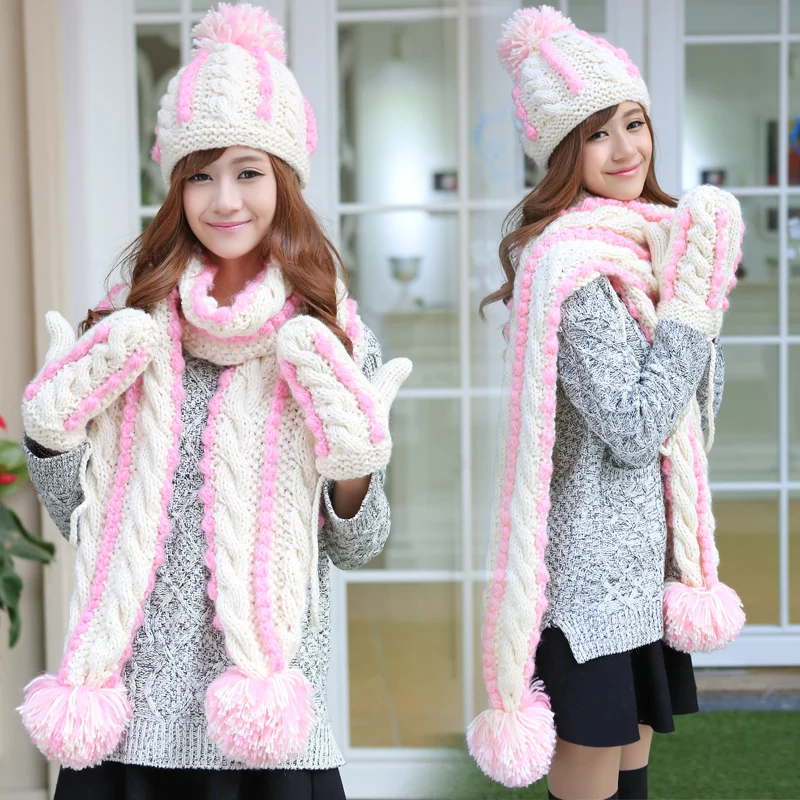 CIVICHIC корейский стиль подарки для девочек зимние комплекты теплой одежды, вязаная шапка, шарф, перчатка 3 предмета помпоном шапочки шаль бархатные рукавички утепленные Кепки SH190