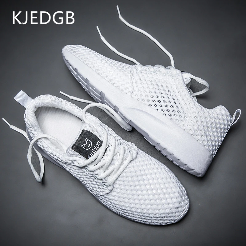 

KJEDGB 2019 Large Hole Mesh Breathable Men Shoes Summer Solid Black White Gray Light Soft Sneakers Comfortable Men Casual Shoes