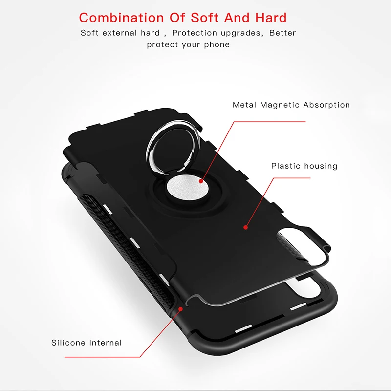 Shockproof Case For iPhone 13 12 11Pro 7 8 Plus X XR XS Max Silicone&PC Back Cover With Magnet Car Holder Metal Phone Ring Stand cool iphone 12 cases