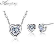 Anenjery классический серебристый цвет любовь сердце циркон кулон ожерелье+ серьги свадебный набор украшений для женщин set13