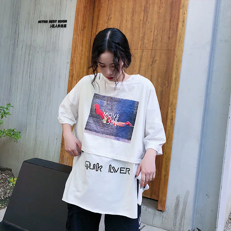 

Summer Women's 2 Piece Women's Casual 2019 T-Shirt Print Short Sleeve Top + Fork Split Long T-Shirt Vest Fashion Apparel