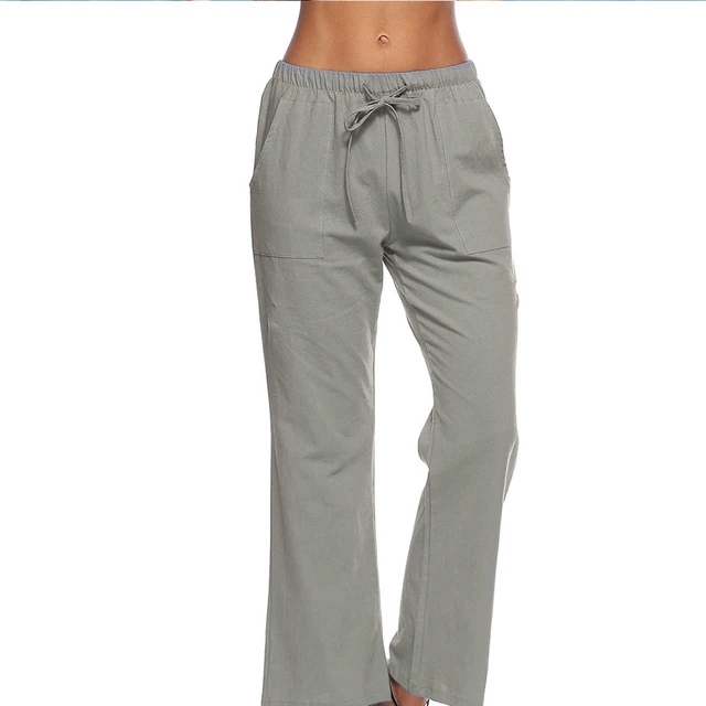 Loose Flared Pants Women Autumn Drawstring Wide Leg Pockets Long Trousers Casual Holiday Beach Chino Cargo Linen Pants