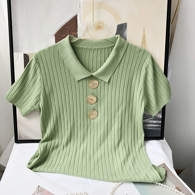 

2019 summer korean t shirt women solid color knitted soft stretch pullovers tops short sleeve lapel collar buttons t-shirts