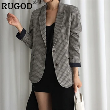 

RUGOD Vintage plaid auturm jackets women Korean chic new single-breasted pockets ladies coat Fashion loose office wear 2019