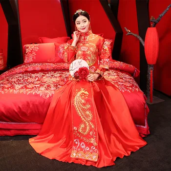 

Noble Women Phoenix Cheongsam Vintage Mandarin Collar Full Length Wedding Dress Elegant Marriage Suit Bride 2PCS Hanfu Clothing