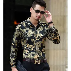 Модные мужские роскошные Марка Шелковая Рубашка хорошего качества в китайском стиле Дракон узор велюр Смокинг Рубашка мужская