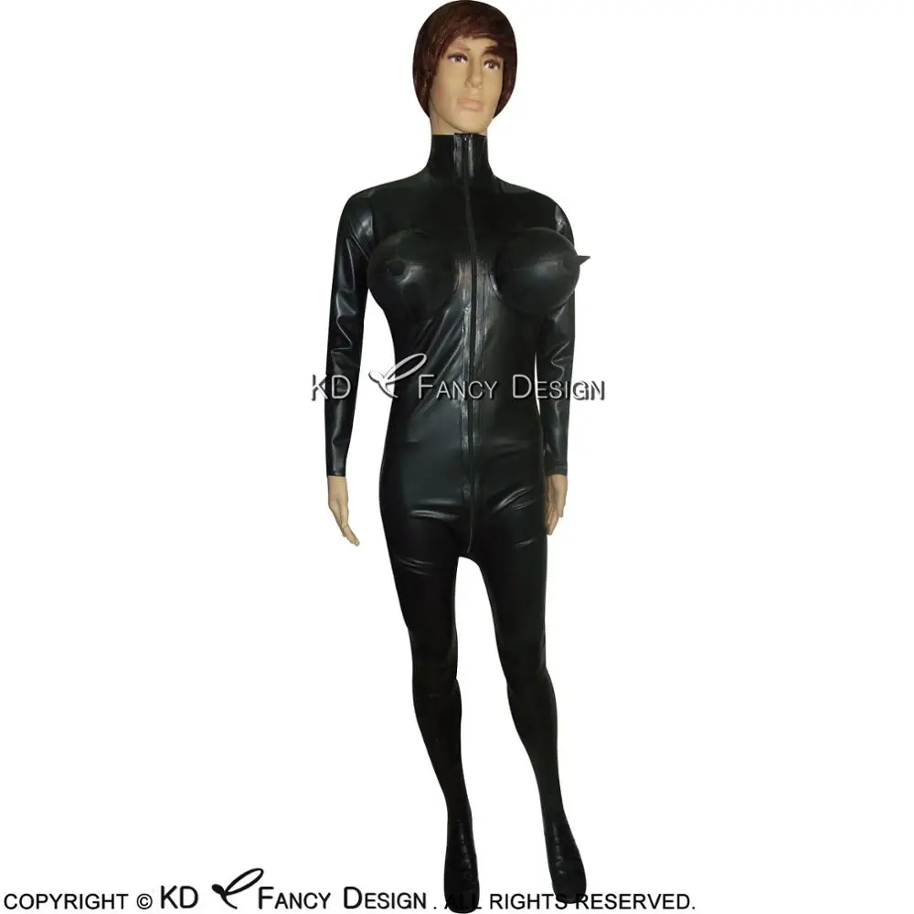 

Black Sexy Latex Catsuit With Inflatable Breasts Feet Socks Front Zipper Rubber Bodysuit Overall Zentai Body Suit LTY-0108