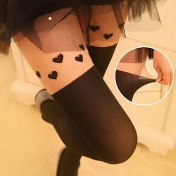 

Hot Sell Fashion Black Loving Heart Dual Color Tattoo Pantyhose Tights Stockings Women Tights Pantyhose