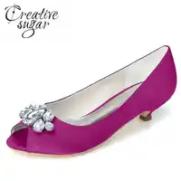 Creativesugar Elegant satin evening dress shoes with crystal big stones open toe kitten heels wedding party prom slip on pumps