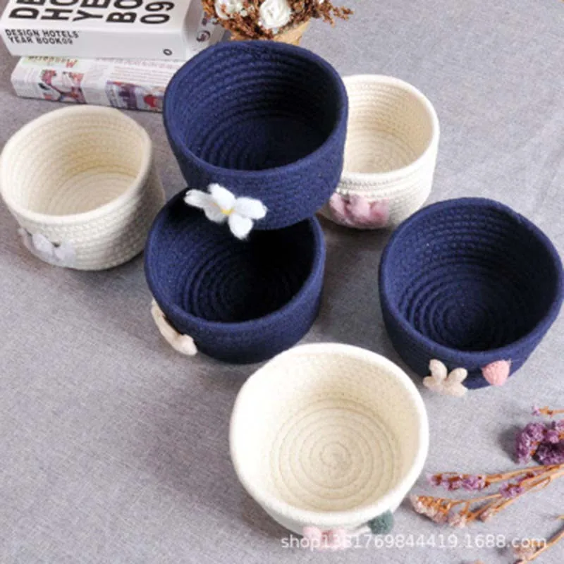 Cotton Rope Woven Basket with Fluffy Crown Rabbit Pattern Sundries Baskets Makeup Cosmetic Desktop 