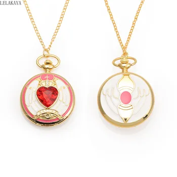 

1pcs Anime Action Figure Printed Sakura Moon Card Captor Red Stone Quartz Star Pocket Watch with Gold Necklace Pendant Gift New