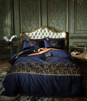 

Blue luxury Lace Embroidery 80S Egyptian cotton Bedding Set Duvet Cover Bed Linen Bed sheet Pillowcases King Queen size 4/5pcs