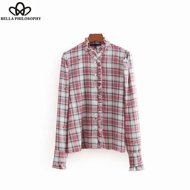 Wonder 2018 autumn vintage embroidery plaid casual slim blouse ladies agaric lace shirt chic femininas blusas ruffles brand tops