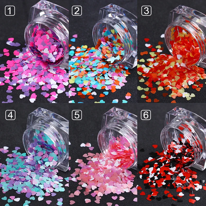 1 صندوق مختلط اللون شكل قلب مسمار الترتر رقائق الوردي الأرجواني بريق شىء صغير براق مانيكير مسمار فن الديكور