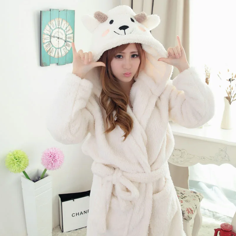 Super Soft Flannel Hooded Bathrobe Women Men Bath Robes Nightgown Cute
