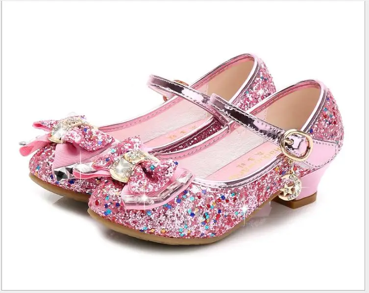 Classic Bow Girl PU Leather Shoes For Girls Party Dance Children Kids Shoes 3-14 Years Princess High Heels Child Wedding