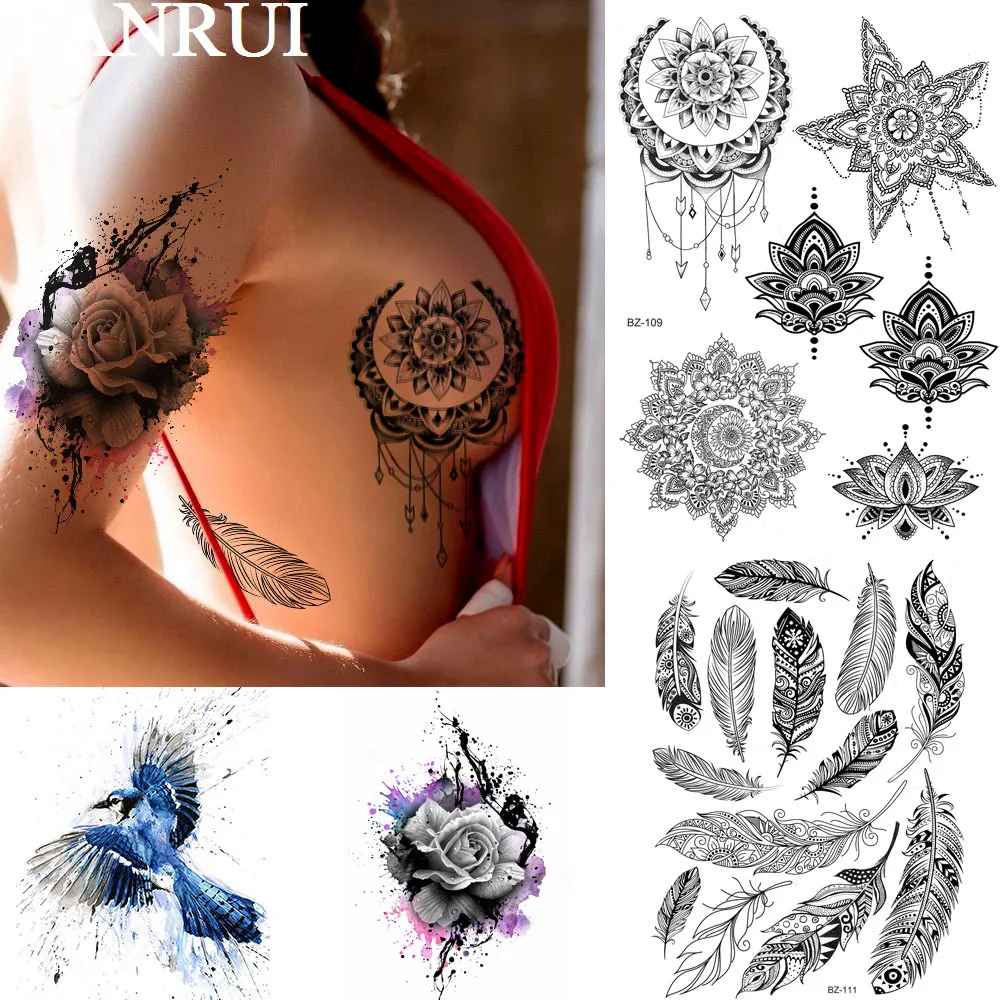 

FANRUI Lotus Moon Mandala Flower Star Temporary Tattoos For Adult Women Sticker Black Henna Sexy Body Art Fake Jewels Tattoo
