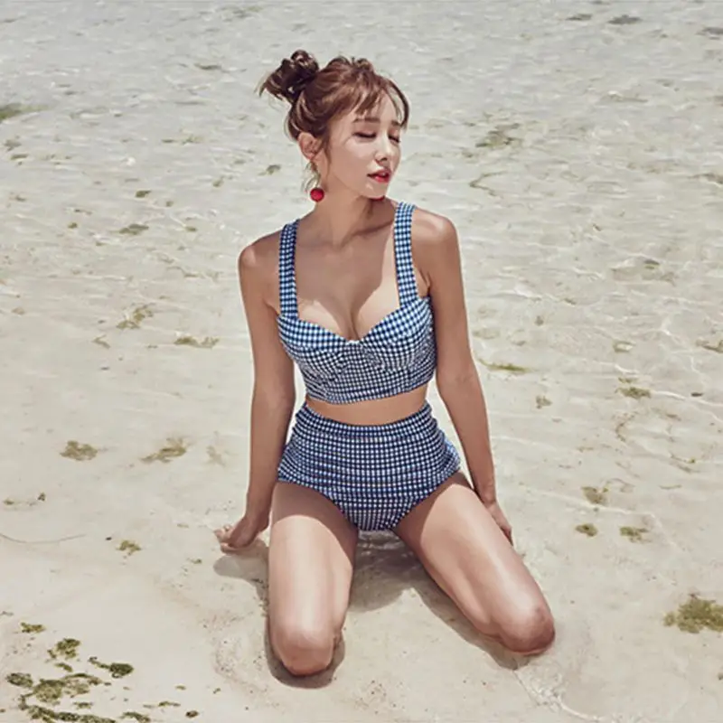 

Women Sexy Bikini Set Vintage Plaid Back Tie Bow High Waist biquini Steel Ring swimsuit