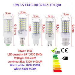 E14 200-240 В 15 Вт 69 светодиодный s светодиодный лампы 5730 SMD мозоли Малый ED кукурузы лампы лампа Энергосберегающая 360 градусов белый/теплый белый