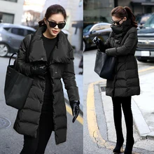 Зимнее приталенное пуховое пальто средней длины, женское повседневное пуховое пальто больших размеров с большим воротником, Черный Армейский зеленый цвет, s m l xl xxl W15040802