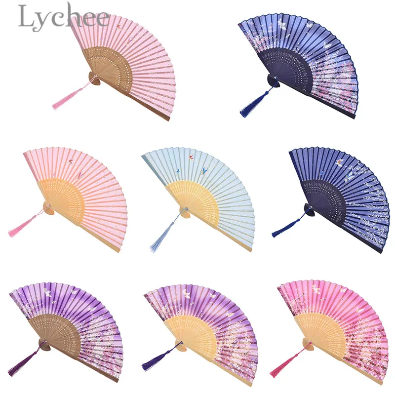 

Lychee Vintage Chinese Flower Butterfly Hand Fan Multicolor Silk Folding Fan Wedding Dancing Crafts Fan