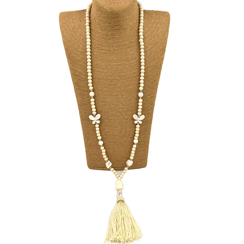 New Long Wood Beaded Cotton Tessal Pendent Necklace Rosary Buddha Beads Necklace Tibetan Indian Ethnic Necklace