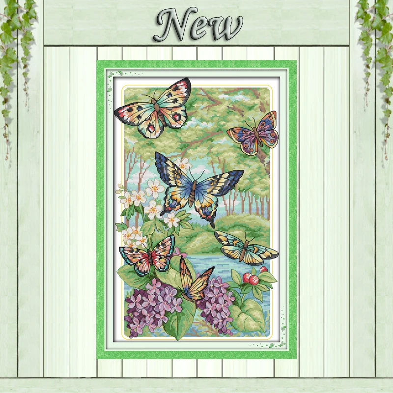 

Colorful Butterflies fly in the forest painting counted print on canvas Cross Stitch kits DMC11CT 14CT needlework Sets embroider