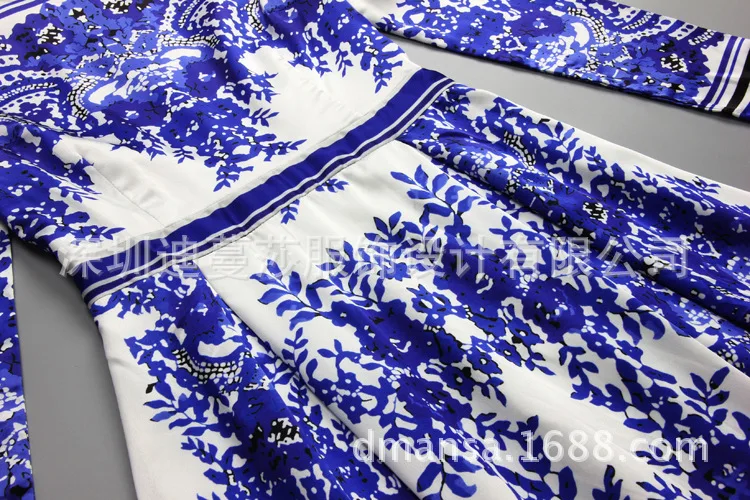 S-4Xl высокого качества лето и осень Модный классический синий и белый фарфор с длинными рукавами и принтом Тонкое Платье