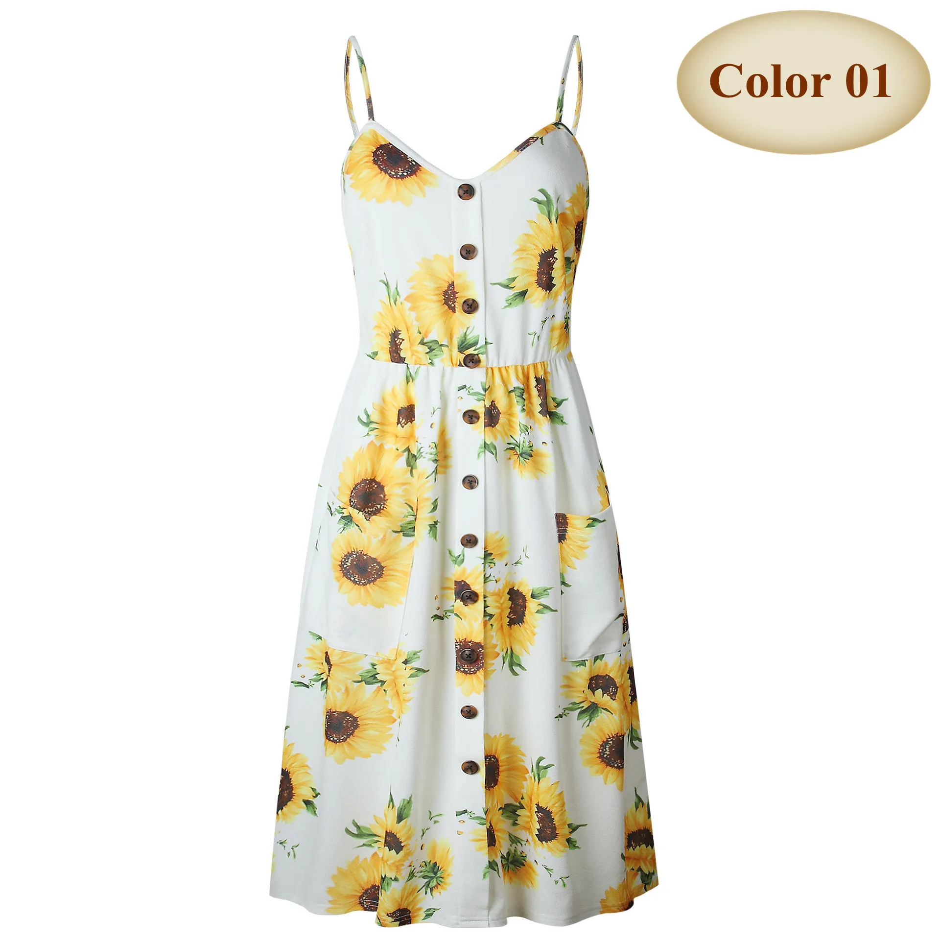 New Boho Off-shoulder Party Beach Sundress Spaghetti Long Dresses Plus Size Summer Women Button Decorated Print Dress CRRIFLZ - Цвет: Color 01