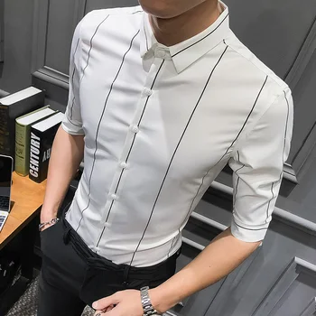 

High Quality Shirt Men Brand New Mens Shirts Casual Slim Fit 2020 Summer Streetwear Striped Shirts Half Sleeve Formal Wear 3XL
