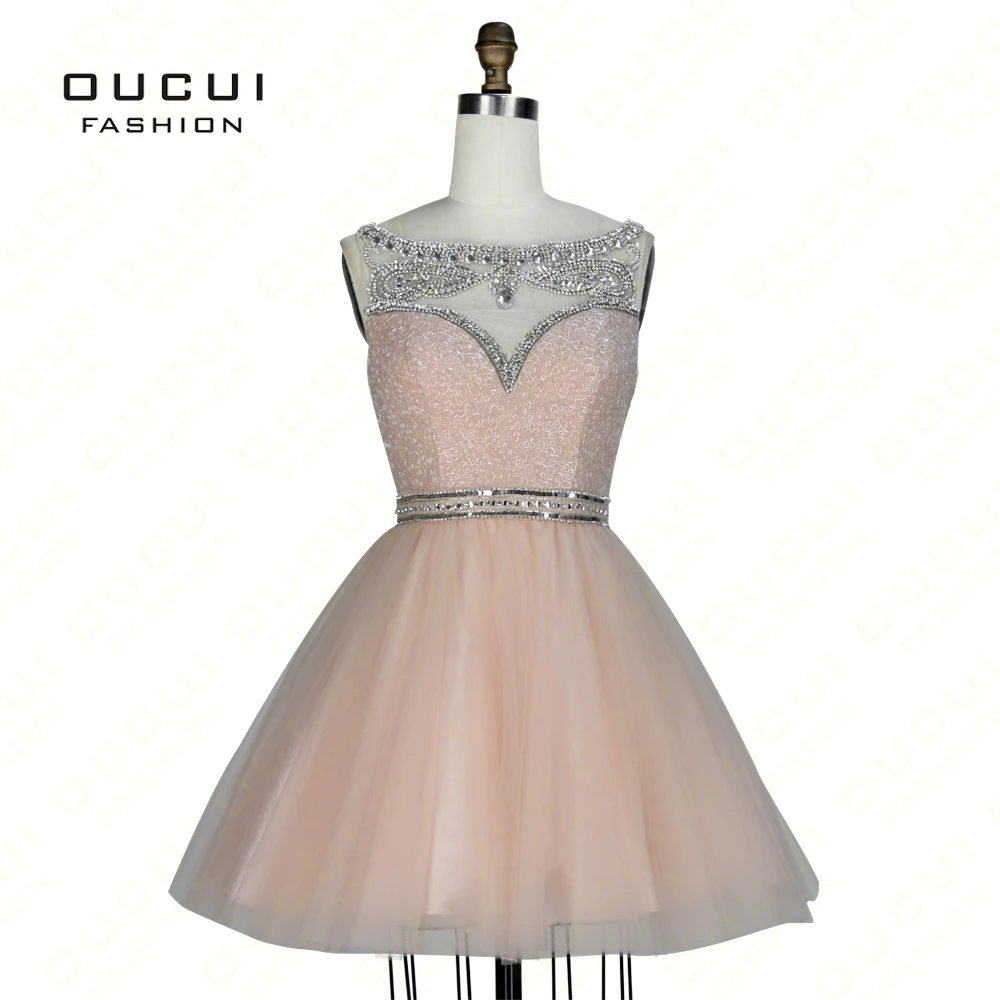 

Real Photos Peach Color Beading Handwork Short Prom Dresses With Stones Party Gowns OL102830B