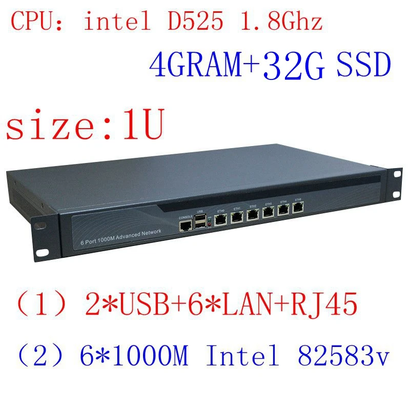 1u брандмауэр стойка уши оборудование с процессором D525 6 этенет портов 4 Гб ОЗУ 32 ГБ