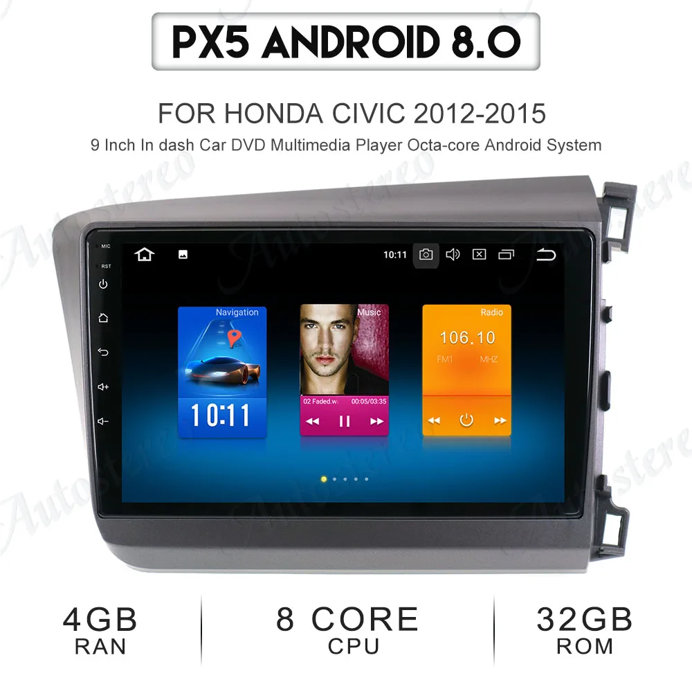 Excellent Android 8 Car no DVD player GPS navigation radio Stereo For Honda Civic 2012 13 14 15 multimedia radio tape recorder head unit 10