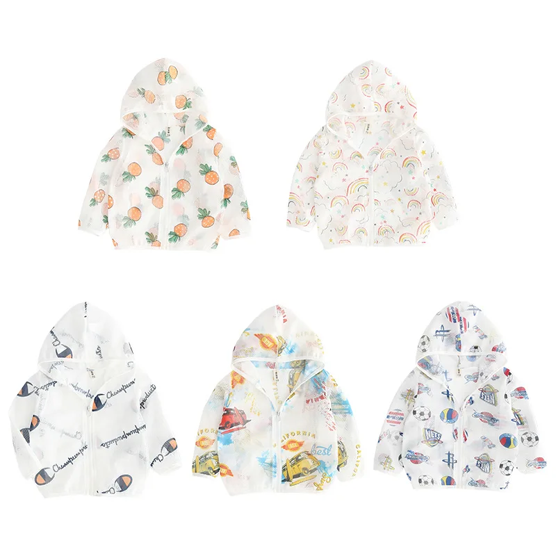 

9 Pattern Baby Kids Sun Protective Clothes Printing Zip up Hooded Tops Jackets Coats Children's Anti-UV beach skin clothing