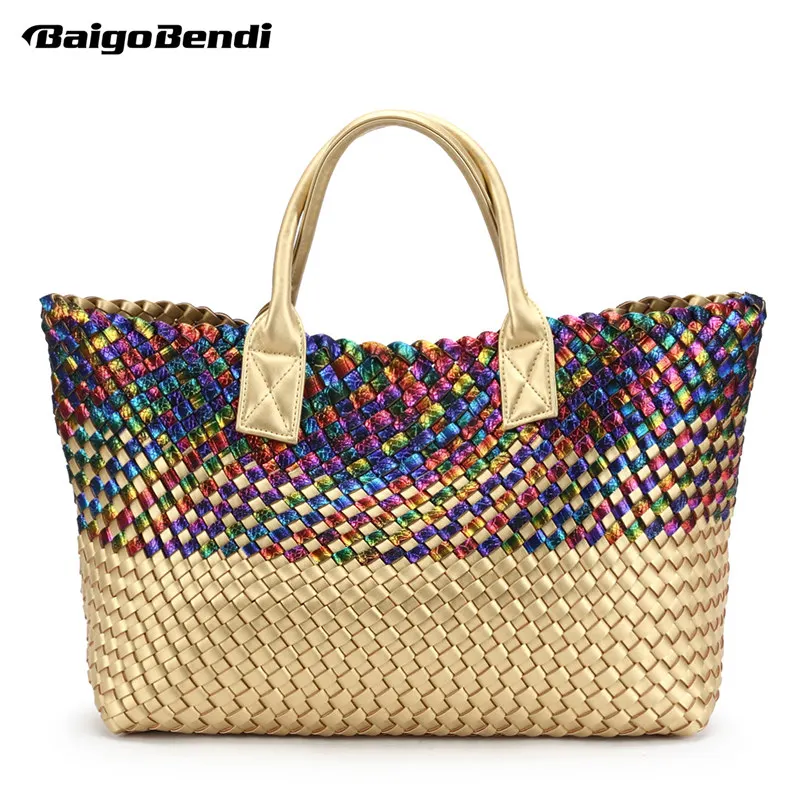 

Ladies Shinning Colourful Rainbow Woven Leather Handbag High-capacity Hobo Women's Knitting Serpentine Bag Large Casual Tote