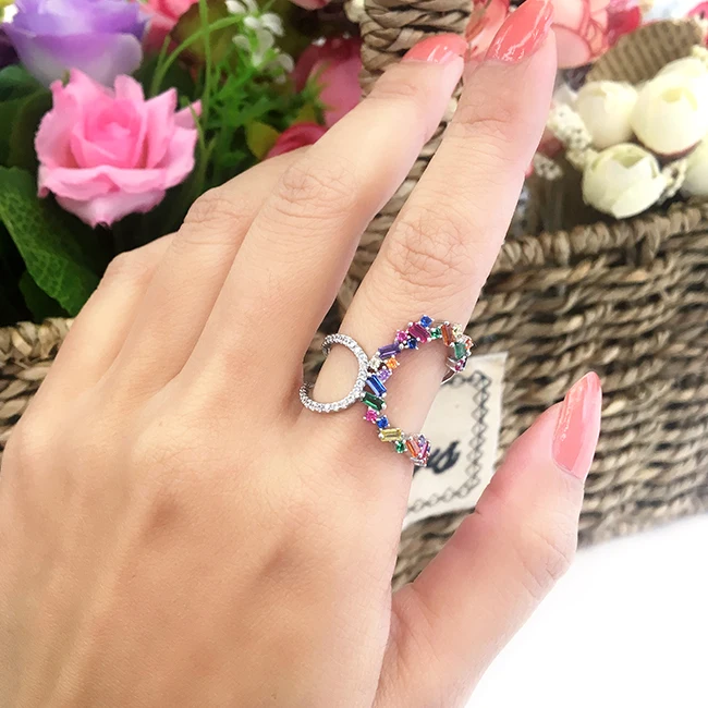 

2019 summer style Fashion baguette rainbow cz ring silver color sparking bling colorful stone trendy ring jewelry for women lady