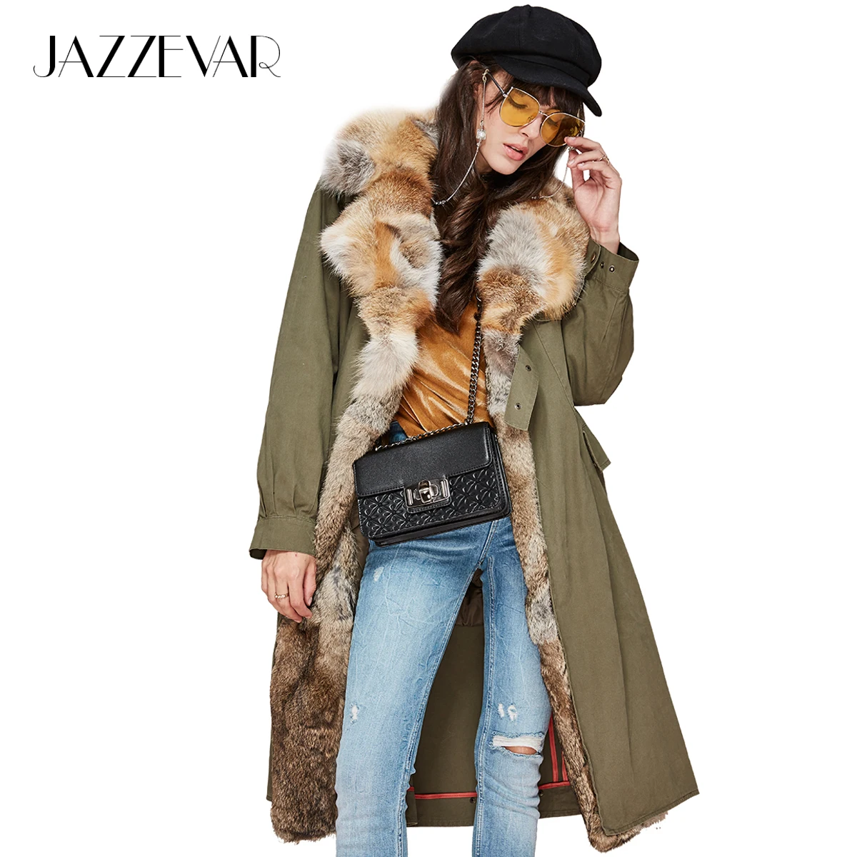 

JAZZEVAR New Winter Fashion Women Real Fox Fur Collar Military Parka Detachable Lining Casual Coat Long Outwear Brand Clothing