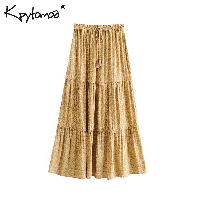 Tanie Boho Vintage Chic wzór w cętki długa spódnica kobiety 2019 moda elastyczna gorset Tassel letnie spódnice plażowe Casual Saia Mujer