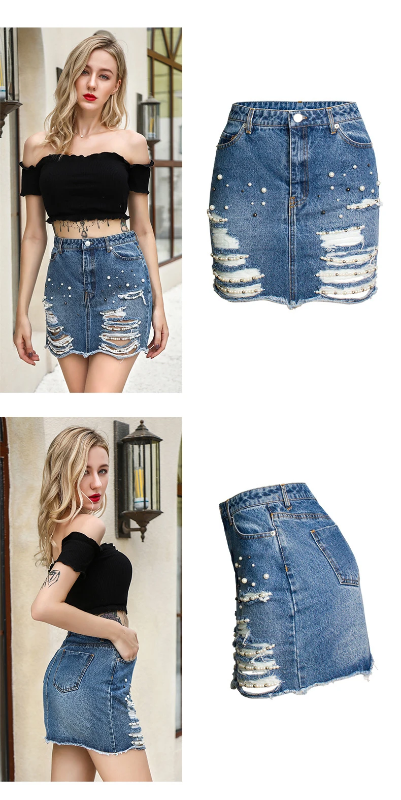 New pearl high waist sexy bag buttock skirt torn denim skirt (3)