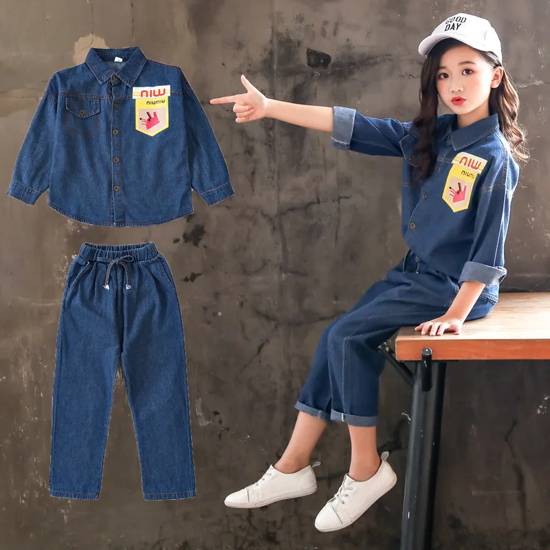 

Korean Baby Clothes Set For Girls Autumn 2018 New Denim Shirt + Pant 2pcs Jeans Toddler Girl Clothing Fall Girls Outfits 8 9 10