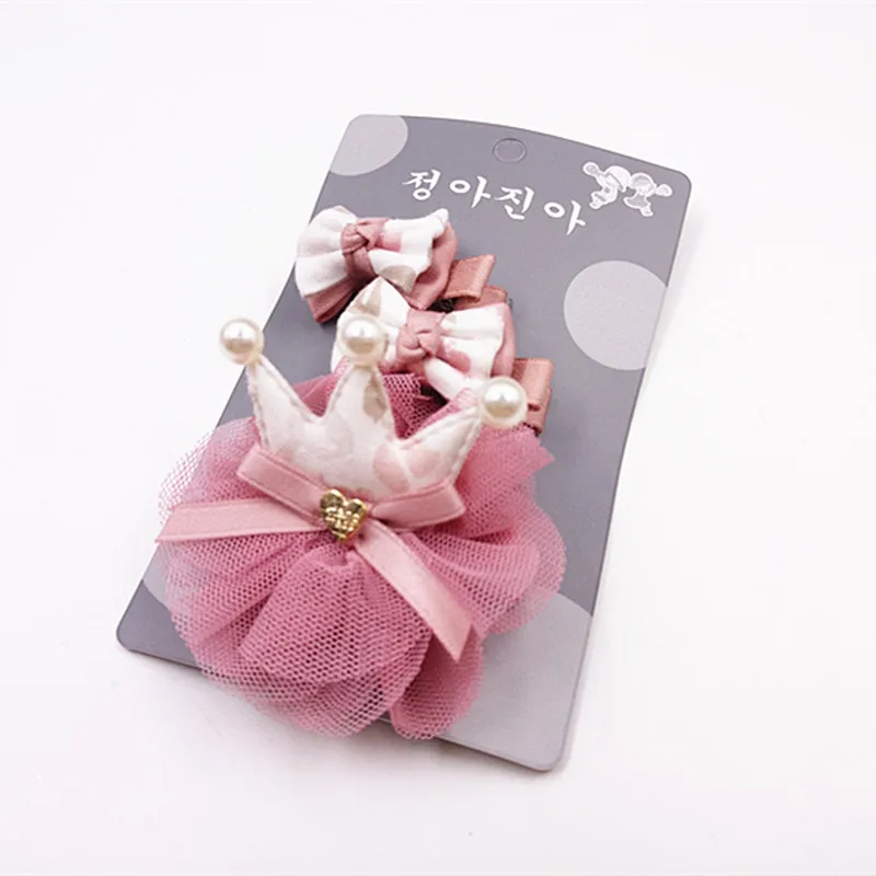 2шт/карта милый корейский стиль девушка бант для волос розовый органза зажим для волос Принцесса Стразы Корона банты для волос Дети Подарочные аксессуары для волос